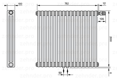 Схема (чертеж) Радиатор Zehnder Charleston 3200/17 №V008 Белый глянцевый RAL 9016